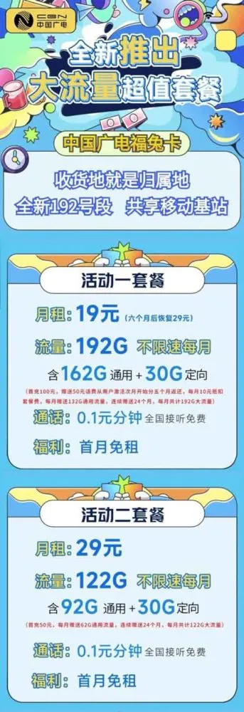 中国广电福兔卡19元192G流量 选号选归属 !
