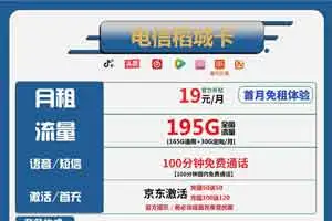 电信稻城卡月租19元套餐，195GB流量+免费通话，大流量卡办理