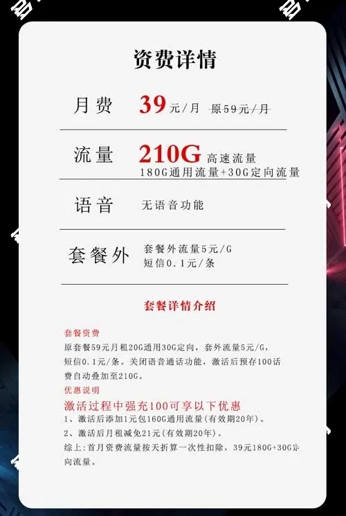 流量卡哪个好用并便宜,电信39元210G粽子卡