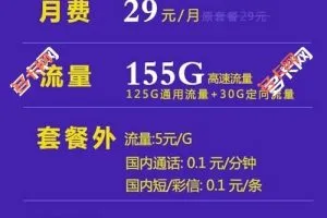 广东电信无限流量卡，电信小烧烤卡29元155G（20年套餐 ）