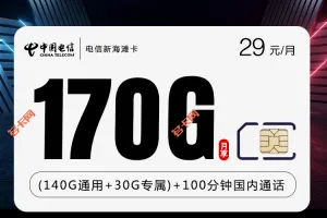 上海电信29元套餐170G+100分钟新海滩卡