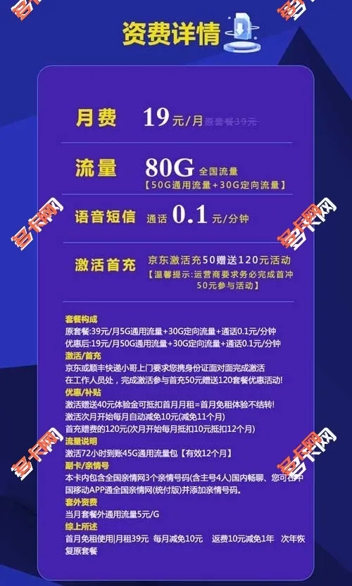 长沙流量卡办理申请,移动19元80G小暑卡【收货地为归属地】