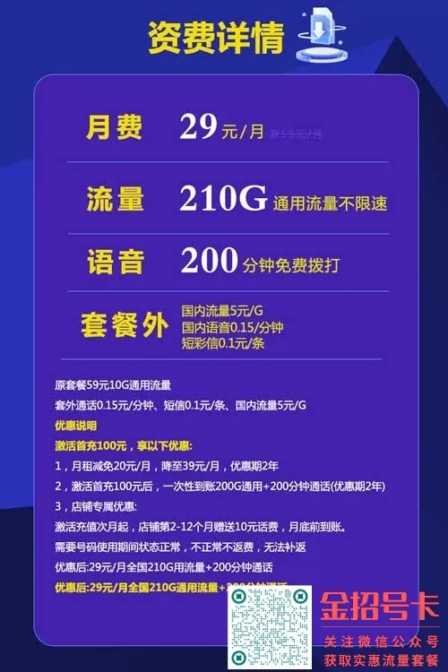 手机卡流量套餐推荐，联通29元210G+200分钟大凉卡