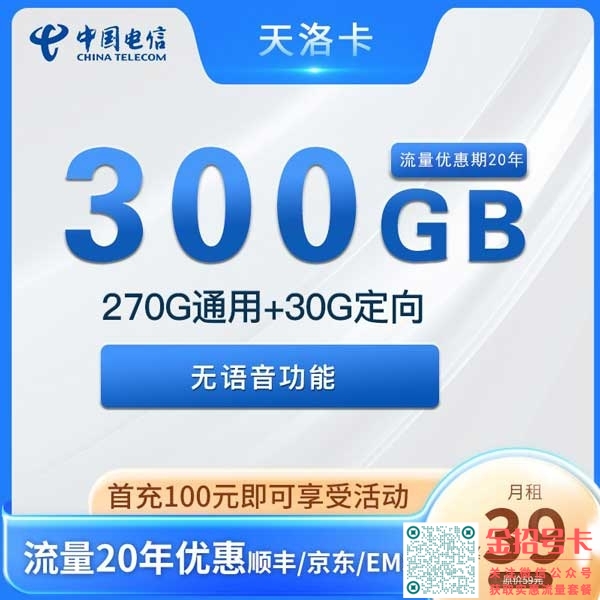 河南电信天洛卡39元270G通用+30G定向套餐介绍