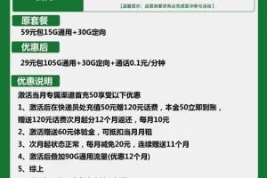 移动民安卡29元包105G通用+30G定向套餐