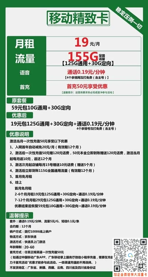 移动精致卡19元包125G通用+30G定向套餐介绍