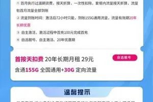 山东星卡29元流量版电信，套内185G流量+20年长期