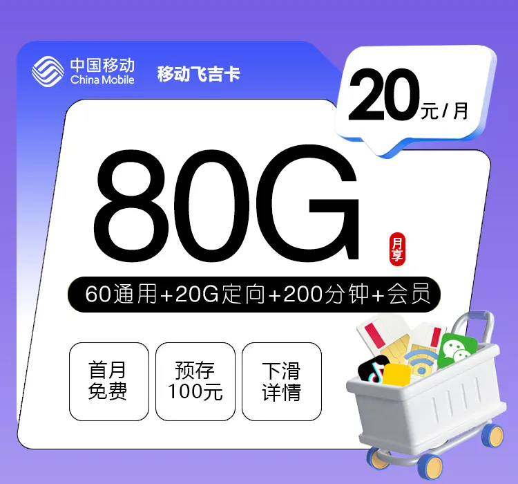 移动飞吉卡【20元80G+200分钟+会员】