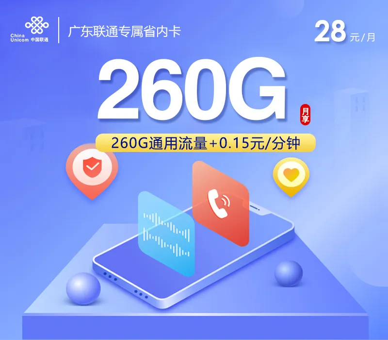 广东联通专属省内卡【28元260G】