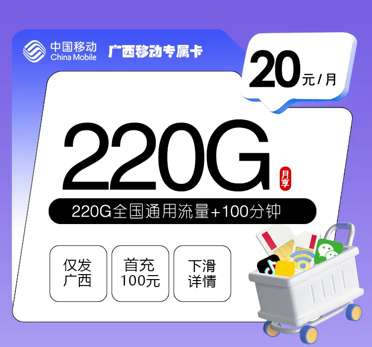 广西专享移动卡【20元220G+100分钟】
