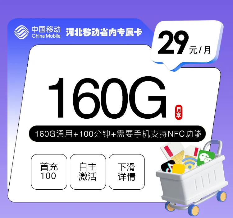 河北移动省内专属卡【29元160G+100分钟】